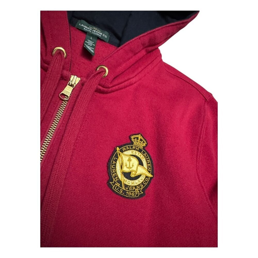 LAUREN RALPH LAUREN Designer Casual Full Zip Red Hoodie Sweatshirt Mens Large - Picture 5 of 7